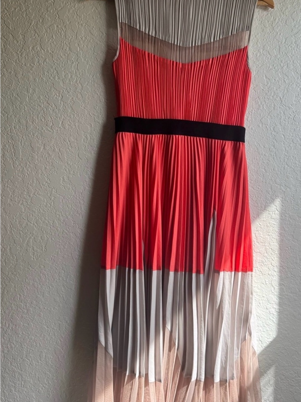 BCBGMaxAzria Coral, Beige and Black Pleated Maxi Dress